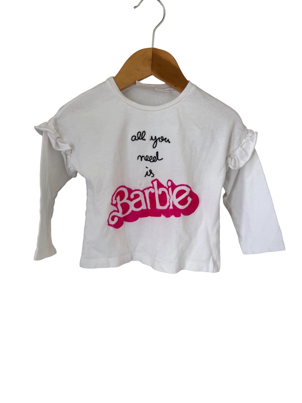 Zara White Long-Sleeve Tee with Hot Pink Barbie Logo